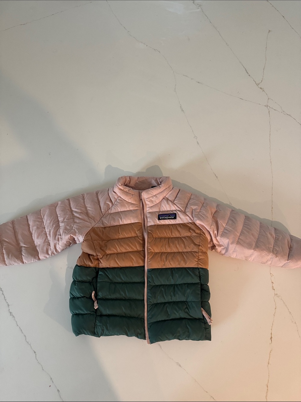 Patagonia Pink, Tan & Green Colorblock Down Jacket